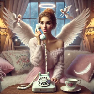 Femme avec auréole et ailes d’ange répondant à un téléphone vintage, illustrant la Masterclass ‘L’Appel des Anges’ dans un décor féérique.